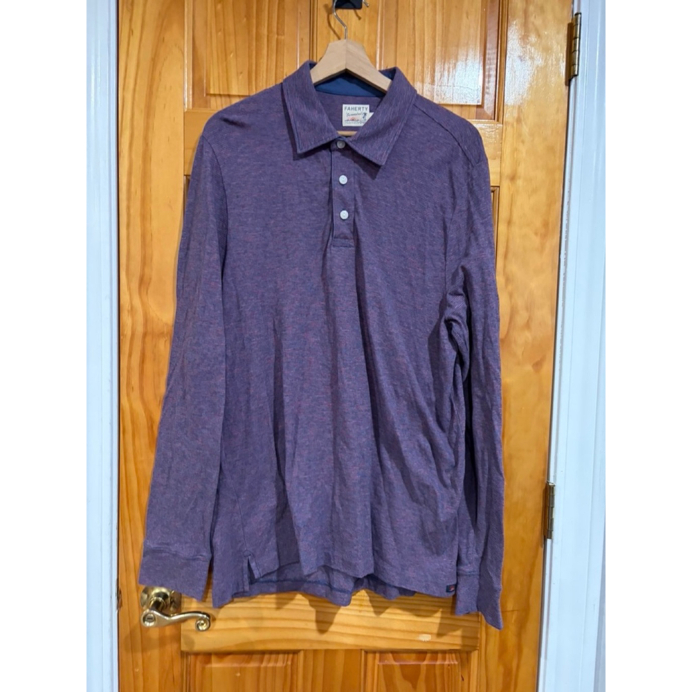 Faherty Sunwashed Organic Cotton Long Sleeve Polo Purple Size L